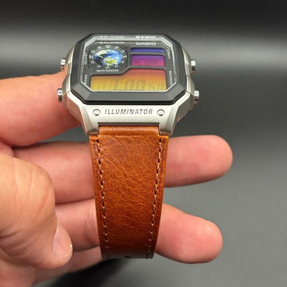 Casio AE1200WH Custom Sunset Filter Globe Leather Strap World Time - Picture 9 of 17